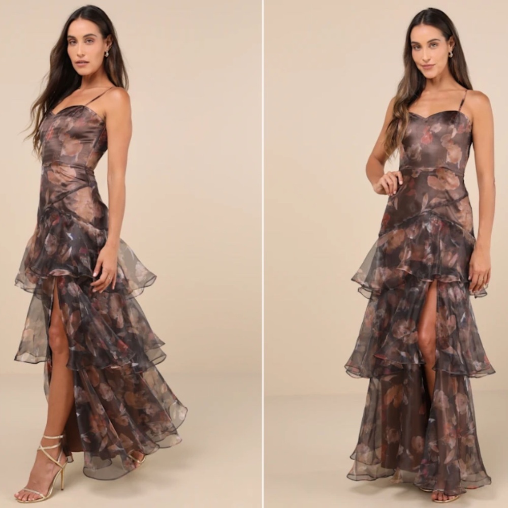 Lulu's Floral Brown Tiered Ruffled Halter Evening Dress